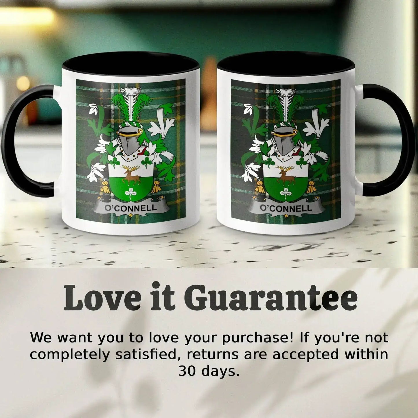 Pair of white mugs with black handles featuring O'Connell family crest on green tartan background