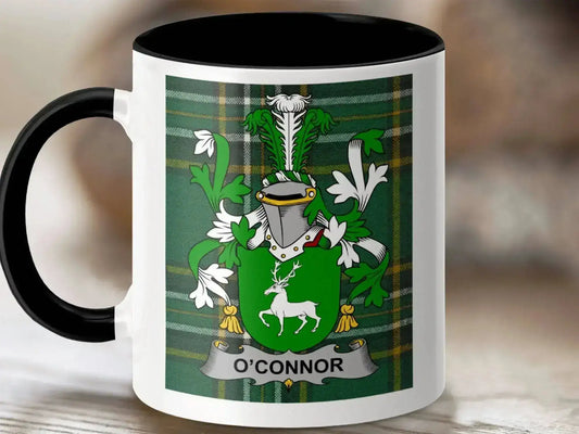 O'Connor Family Crest Irish Tartan Background Mug - Celtic Ancestry Gifts