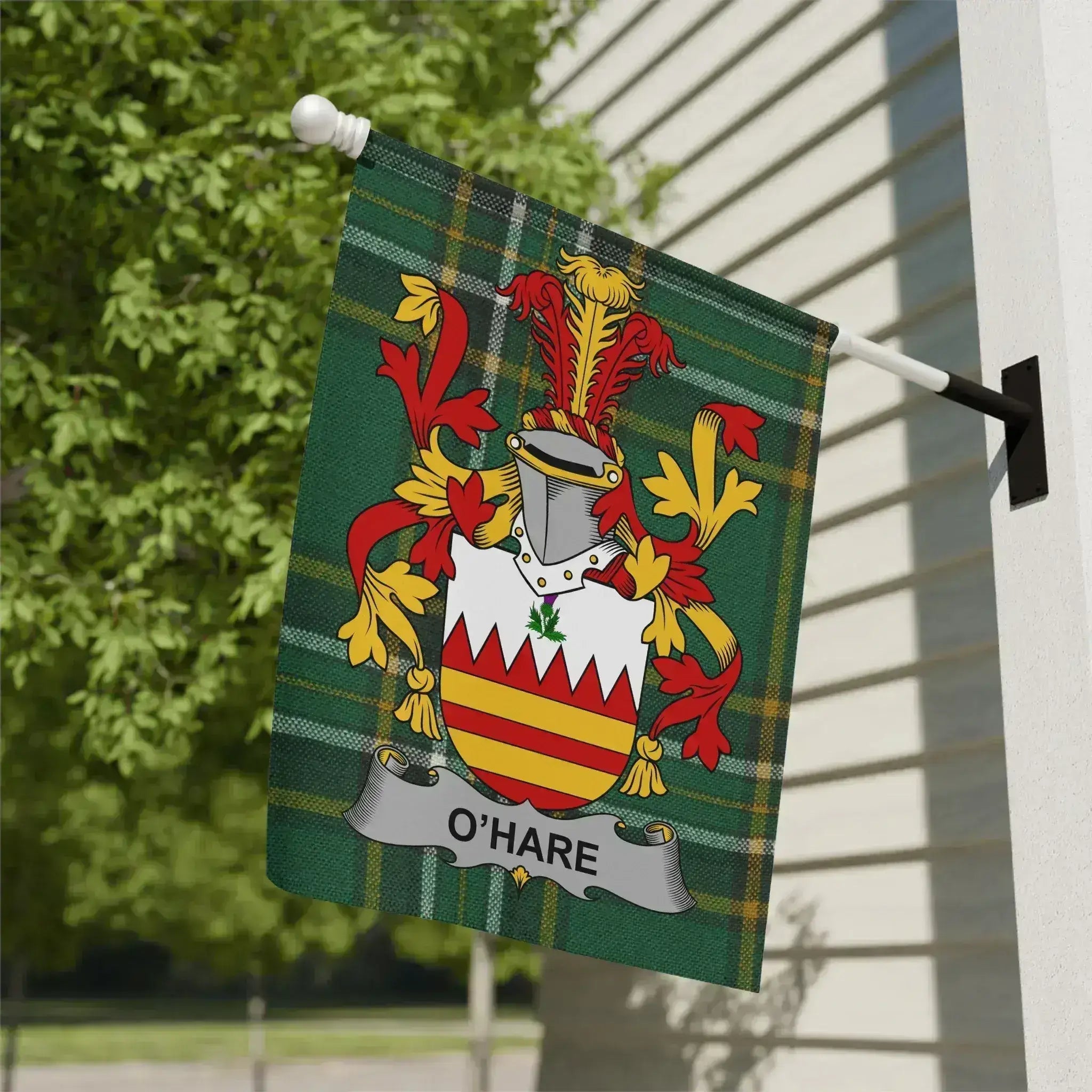 O'Hare Family Crest Green Plaid One Sided Garden Flag