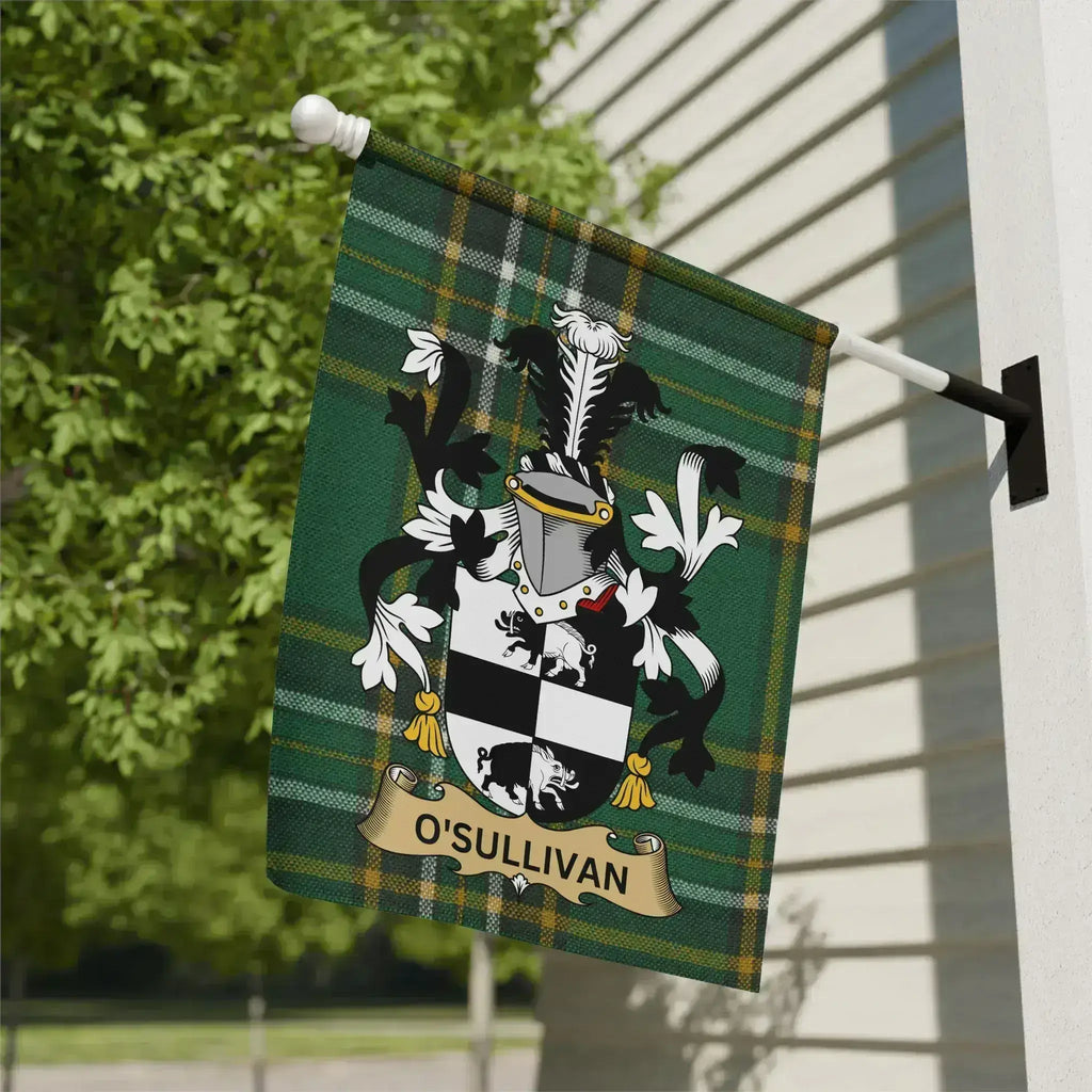 O'Sullivan Irish Family Crest garden flag hanging outside a house