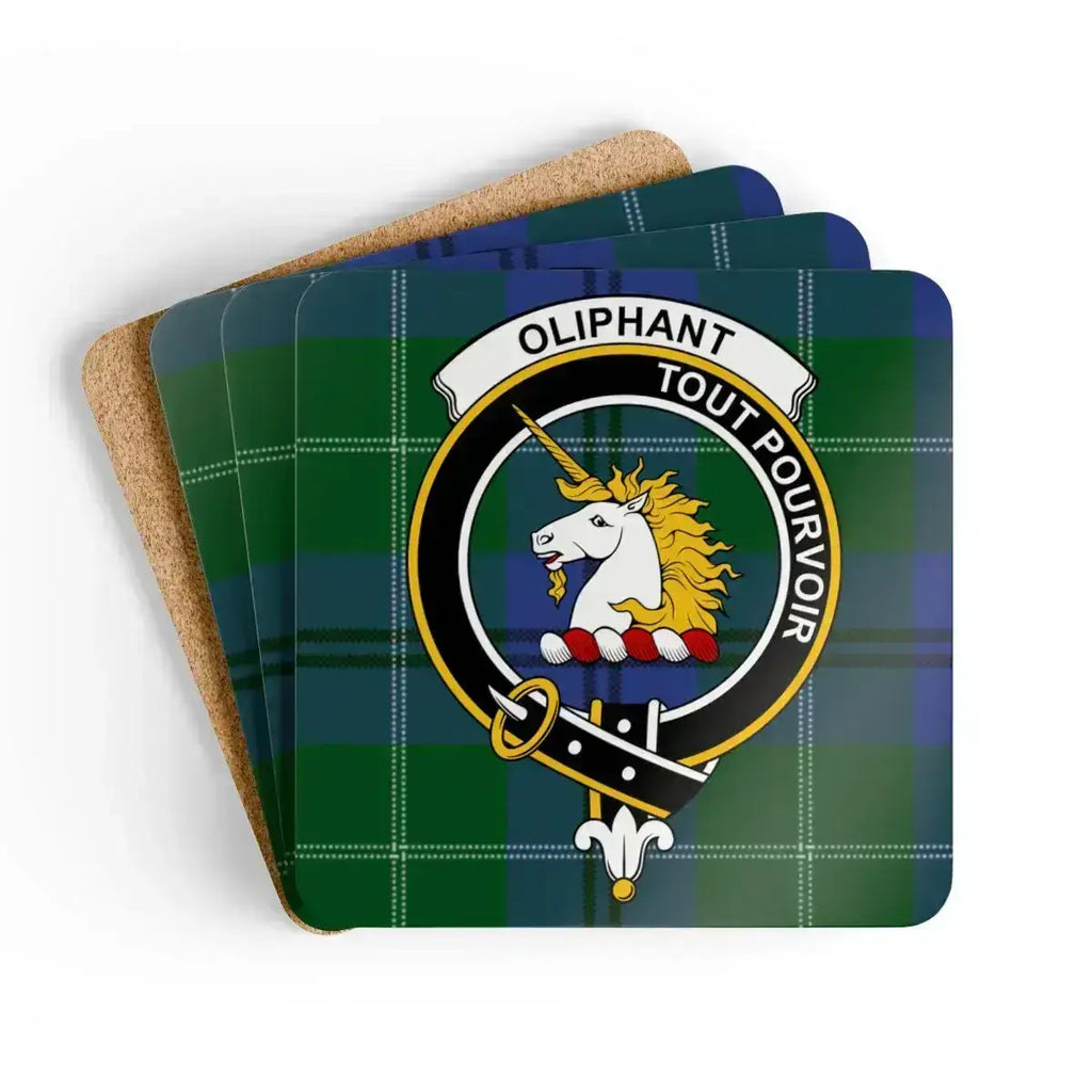 Clan Oliphant crest tartan coaster set — glossy print on natural cork, 3.75 inch square