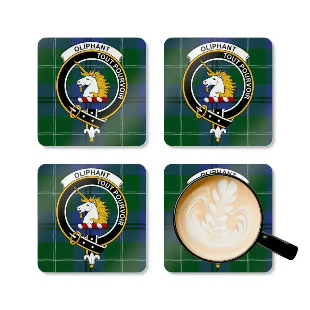 Oliphant unicorn crest coasters — full set view with tartan plaid design