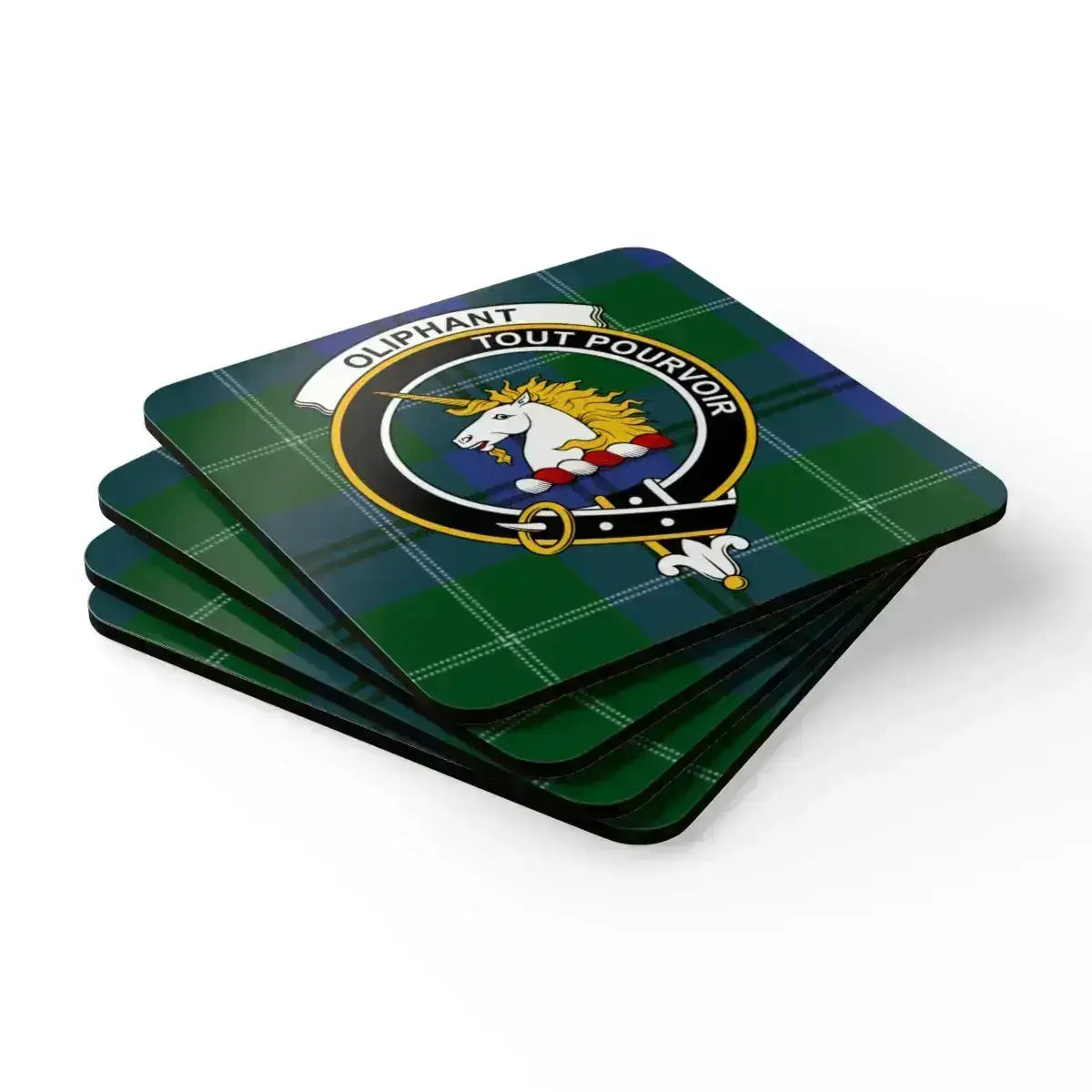 Oliphant coaster set in use — Scottish clan crest and green plaid on table