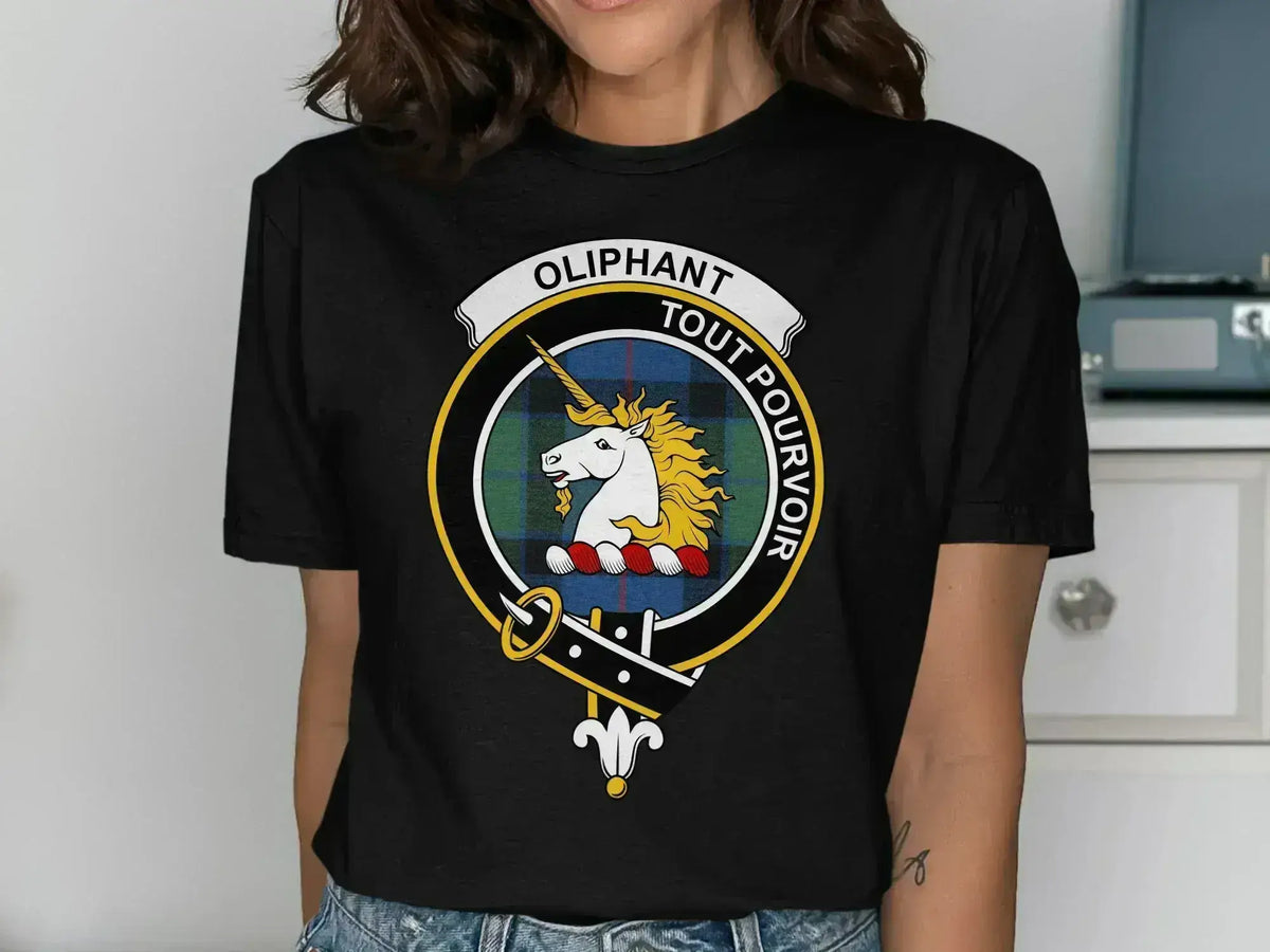 Oliphant crest t-shirt in forest green — Scottish clan emblem, classic fit