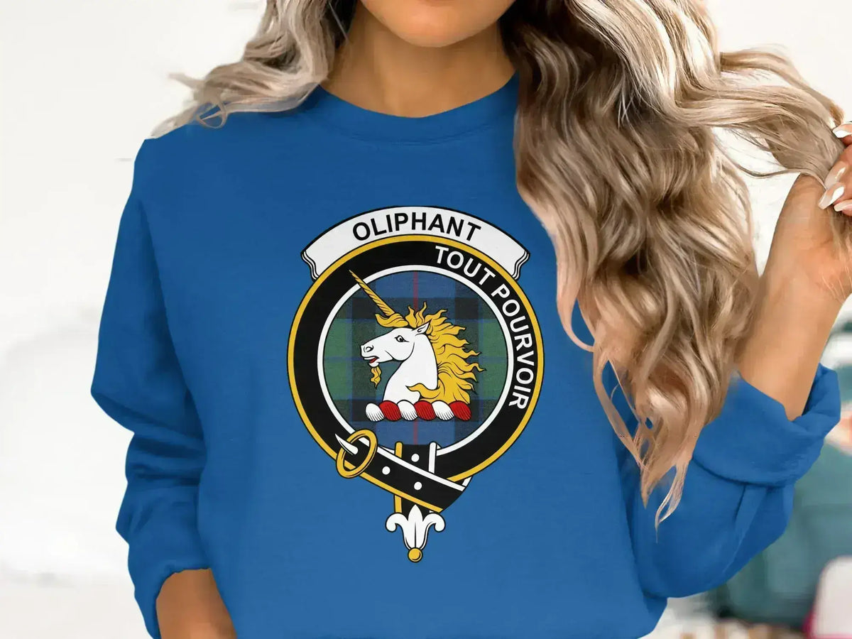 Oliphant crest sweatshirt in navy — ribbed cuffs, Scottish clan emblem
