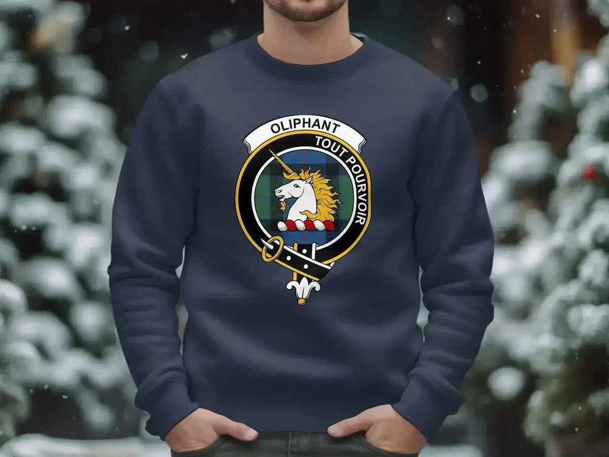 Clan Oliphant sweatshirt in royal blue — unicorn crest on crewneck fleece