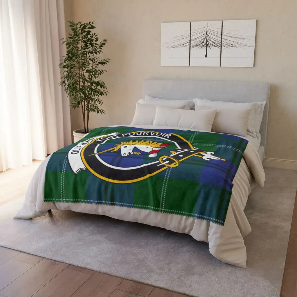 Clan Oliphant throw blanket folded — showing tartan and unicorn crest print