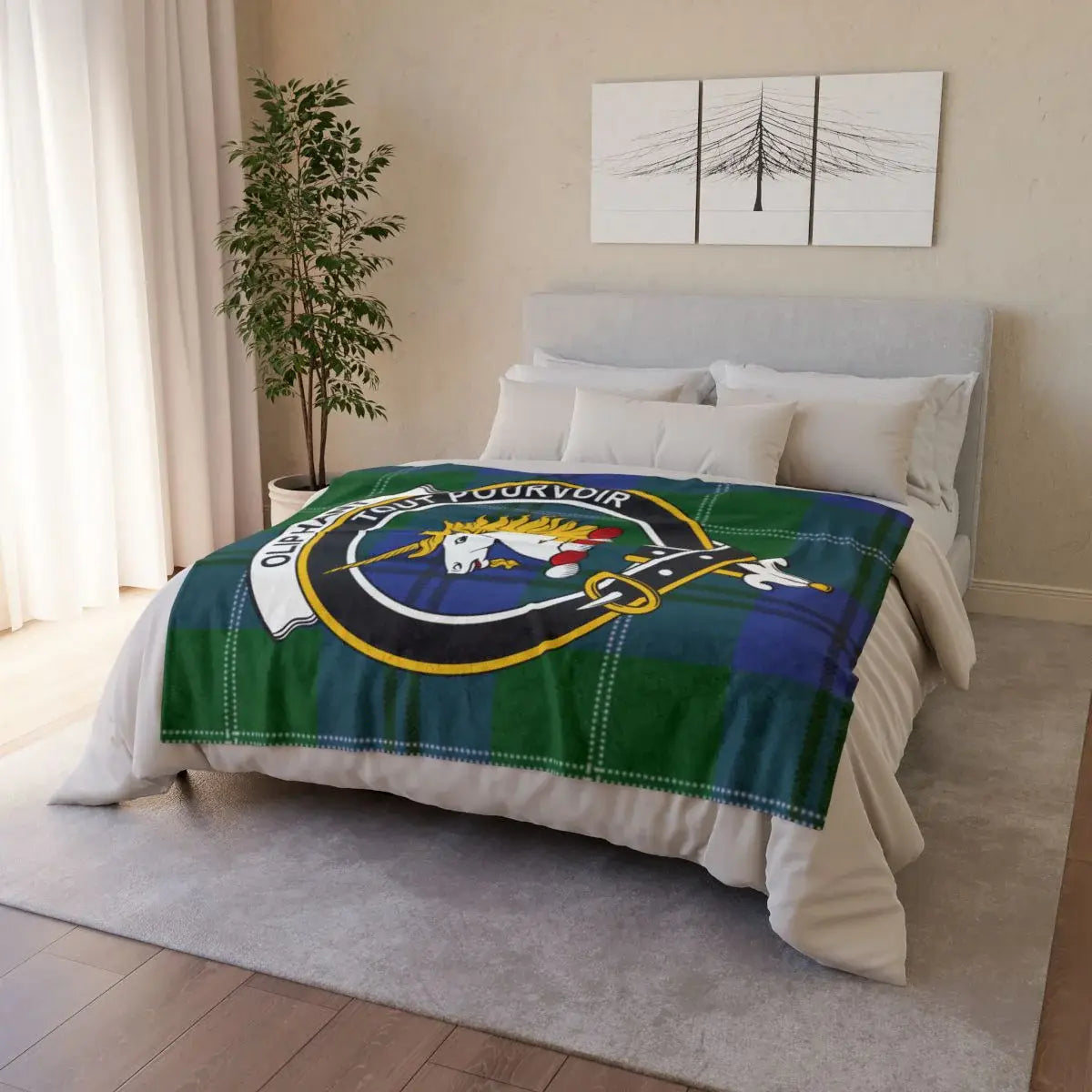 Clan Oliphant throw blanket folded — showing tartan and unicorn crest print