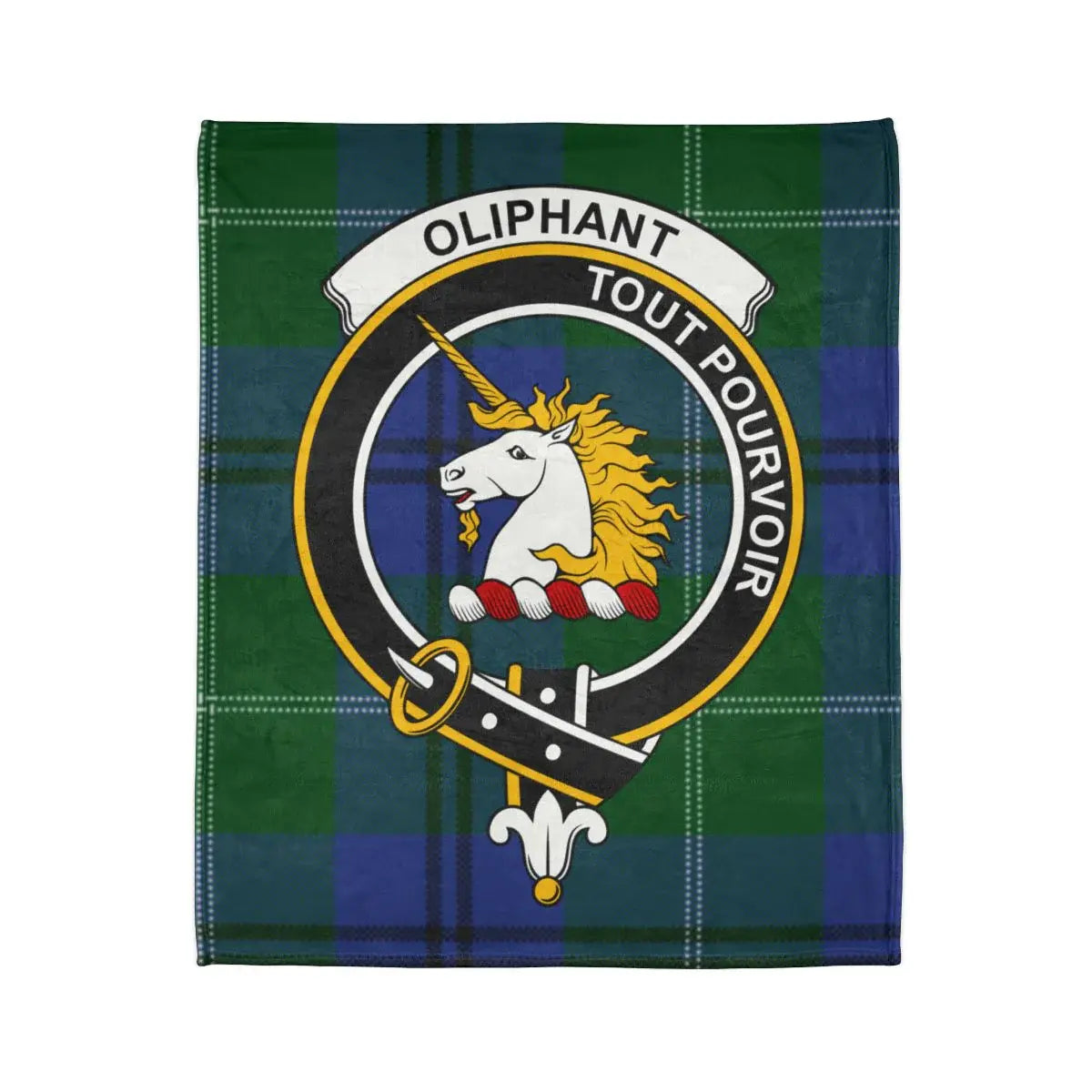 Clan Oliphant printed throw blanket — tout pourvoir crest, 50x60 inch size