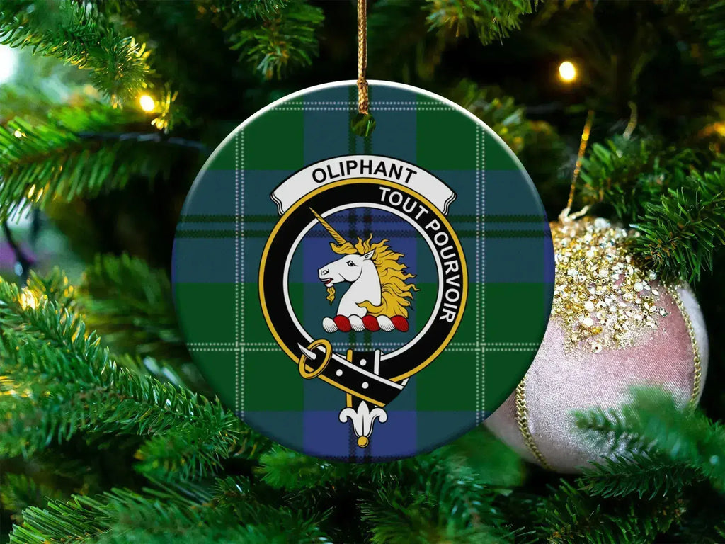 Clan Oliphant tartan crest ceramic ornament — 3 inch, double-sided with gold string