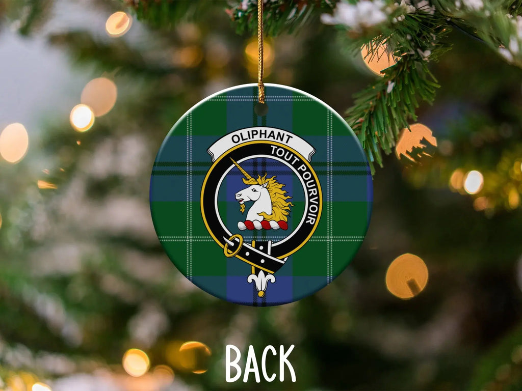 Oliphant unicorn crest ornament front view — tout pourvoir motto and tartan