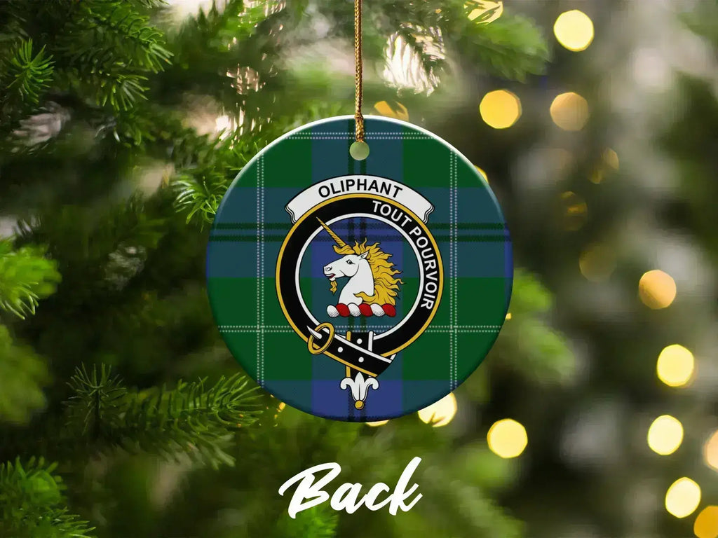 Clan Oliphant ceramic Christmas ornament — plaid pattern with unicorn emblem