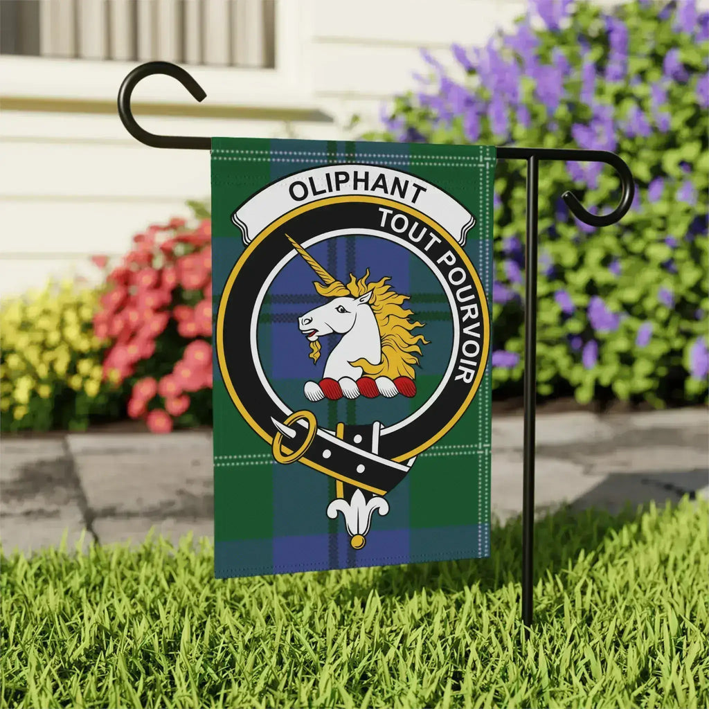 Oliphant clan crest garden flag — 24.5x32 inch, unicorn emblem outdoor display