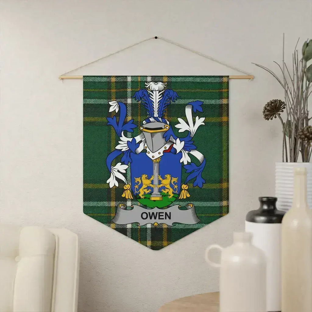 Owen Irish family crest wall pennant — crest on the Irish national tartan