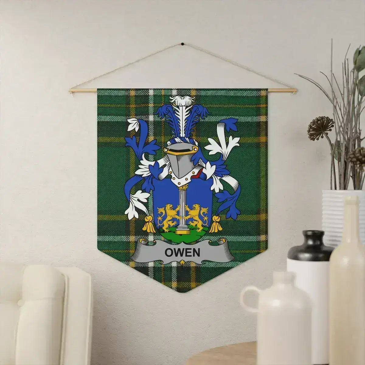 Owen Irish family crest wall pennant — crest on the Irish national tartan