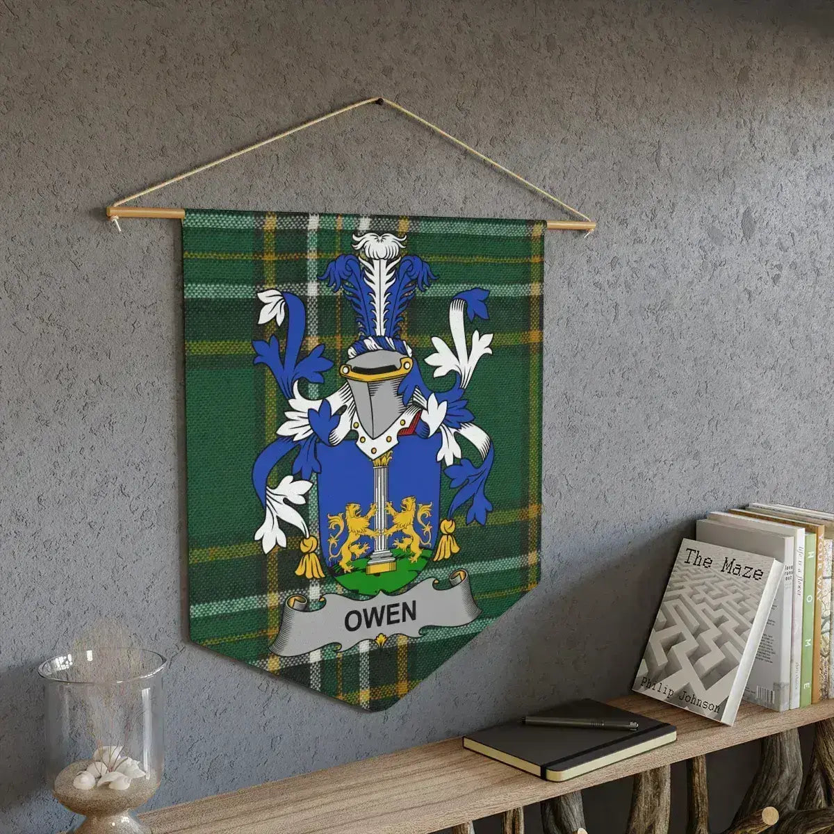 Owen Irish family crest wall pennant — tartan wall hanging display