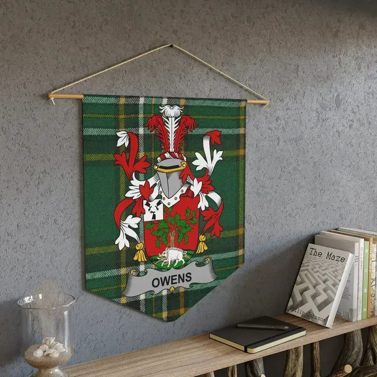 Owens Irish family crest wall pennant — tartan wall hanging display