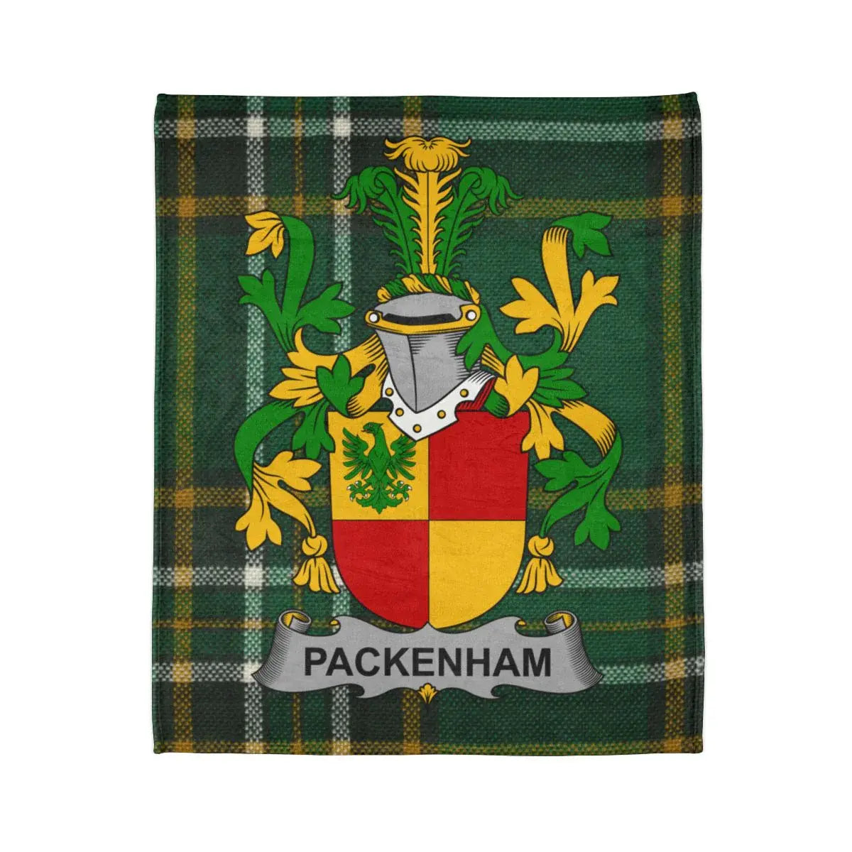 Packenham Family Crest on Green Tartan Blanket