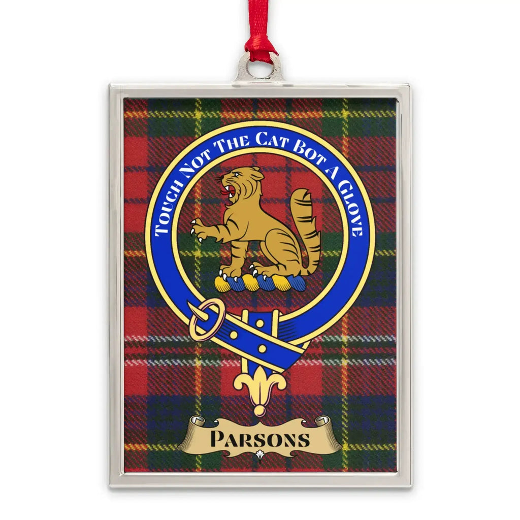 Parsons tartan-background crest ornament shown as a Scottish heritage keepsake gift