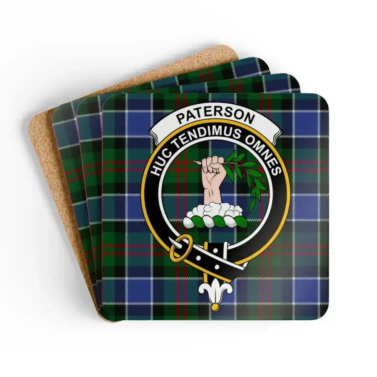 Clan Paterson crest tartan coaster — glossy printed square cork coaster, 3.75" x 3.75"