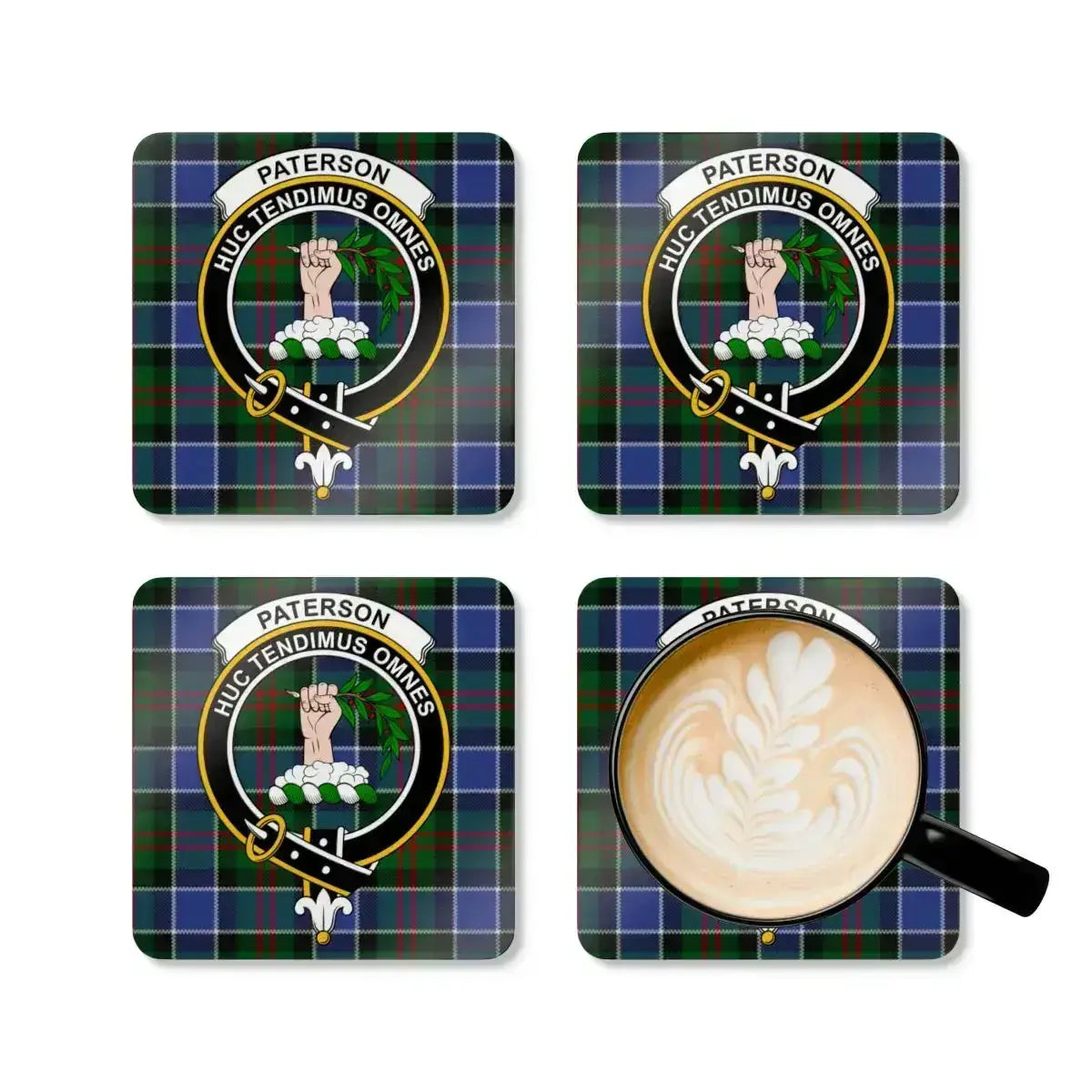 Paterson Huc Tendimus Omnes clan crest coaster set — full-colour tartan print on cork base