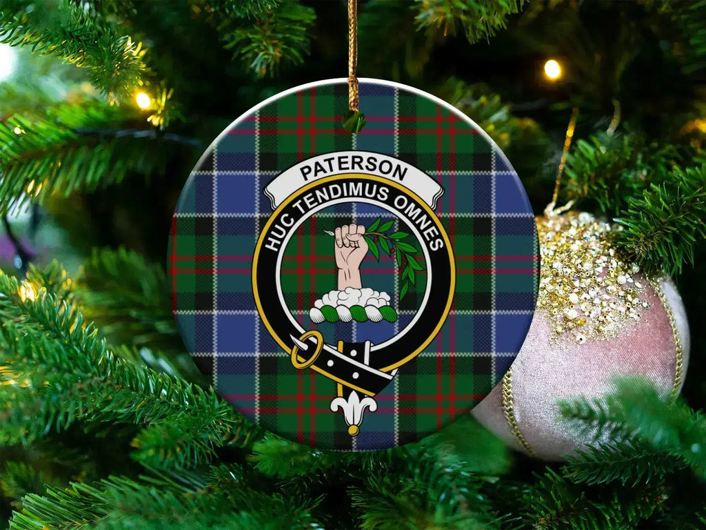 Clan Paterson tartan ceramic ornament — 3" round disc with Huc Tendimus Omnes crest and gold string