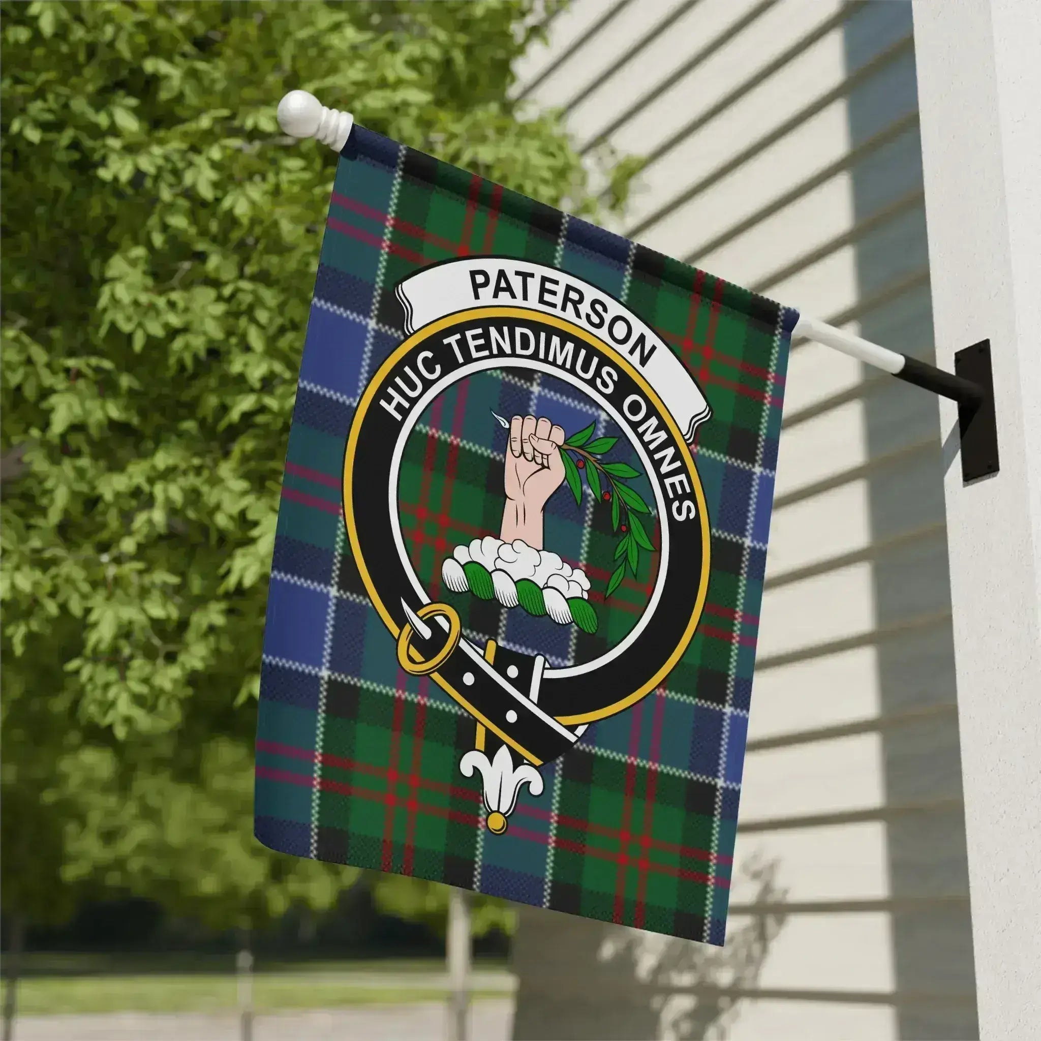 Clan Paterson tartan garden flag — 12" x 18" poly canvas with Huc Tendimus Omnes crest