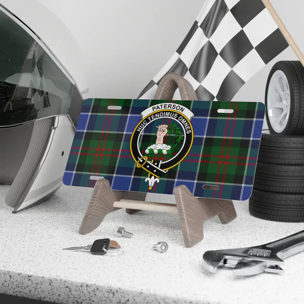 Clan Paterson tartan novelty license plate — Huc Tendimus Omnes crest, 12" x 6" aluminium