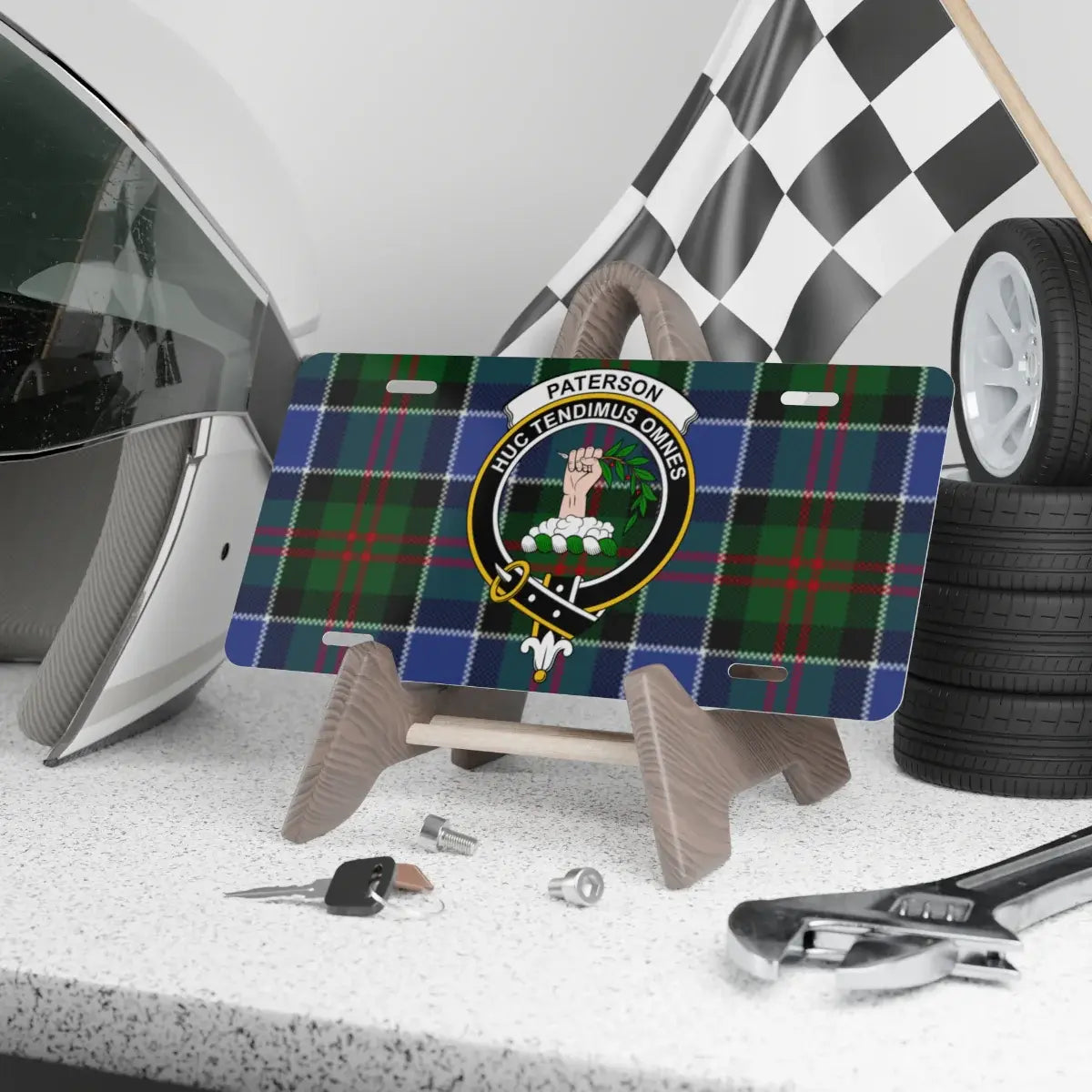 Clan Paterson tartan novelty license plate — Huc Tendimus Omnes crest, 12" x 6" aluminium