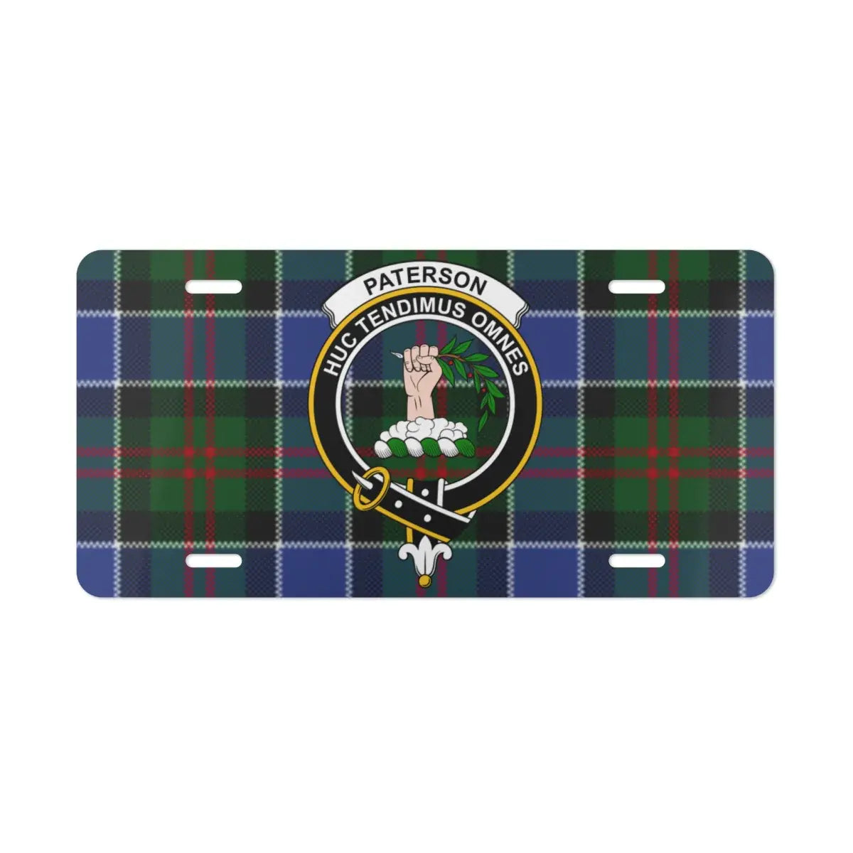 Clan Paterson crest emblem on tartan background license plate — full-colour Scottish heritage design