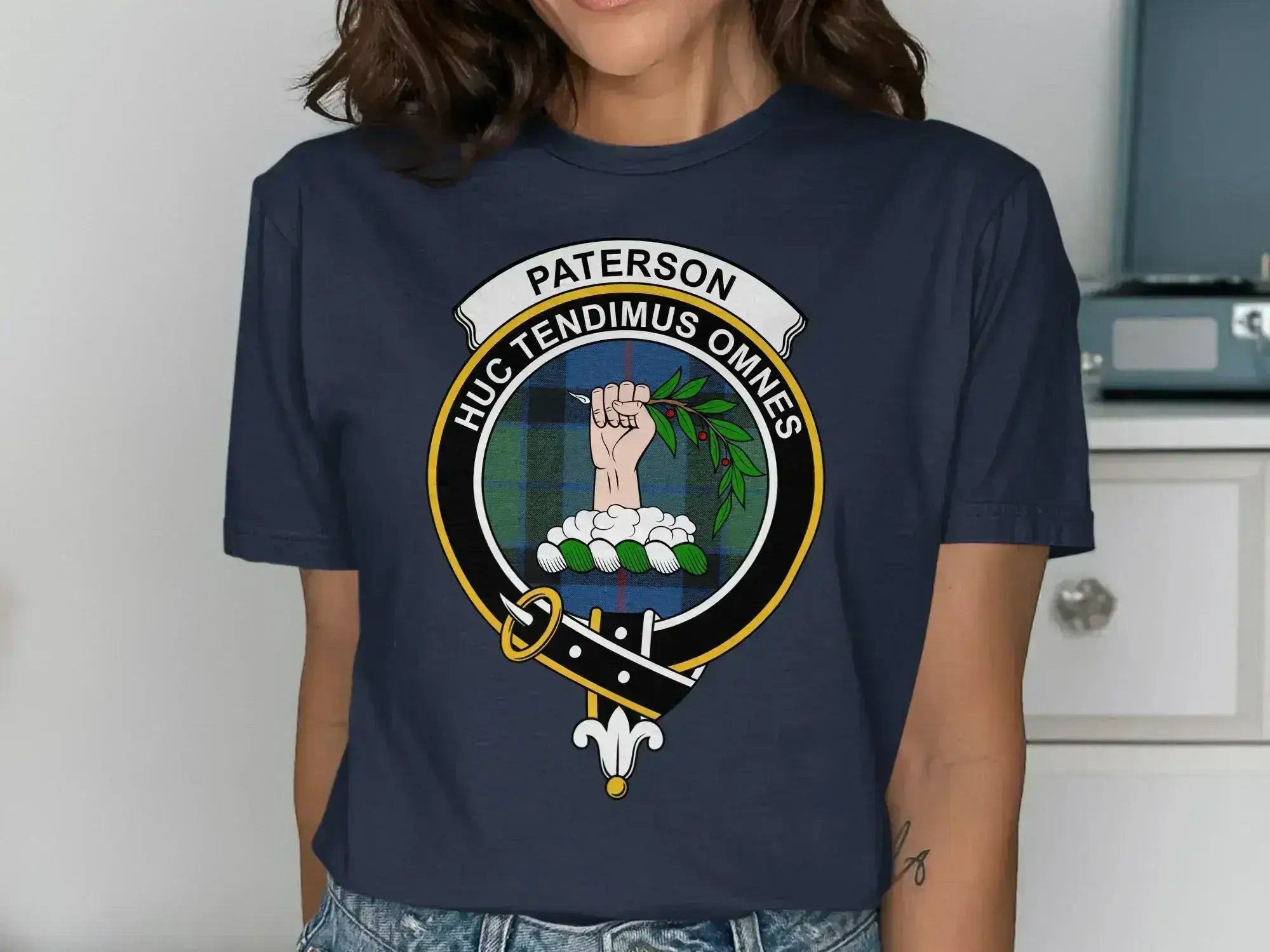 Paterson clan crest tee in black — Huc Tendimus Omnes emblem, unisex fit