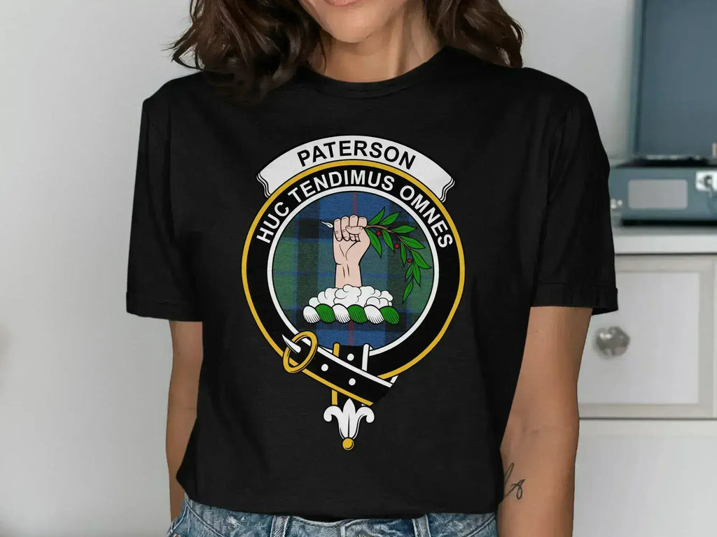 Paterson Huc Tendimus Omnes black graphic tee — tartan crest print, relaxed unisex cut