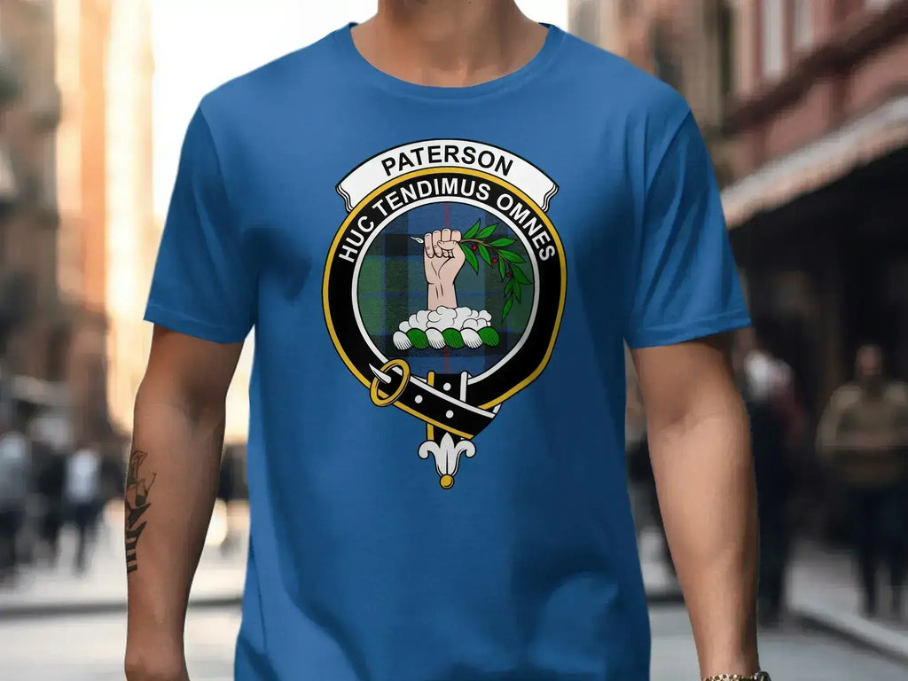 Clan Paterson crest T-shirt in forest green — Huc Tendimus Omnes on chest, S-3XL