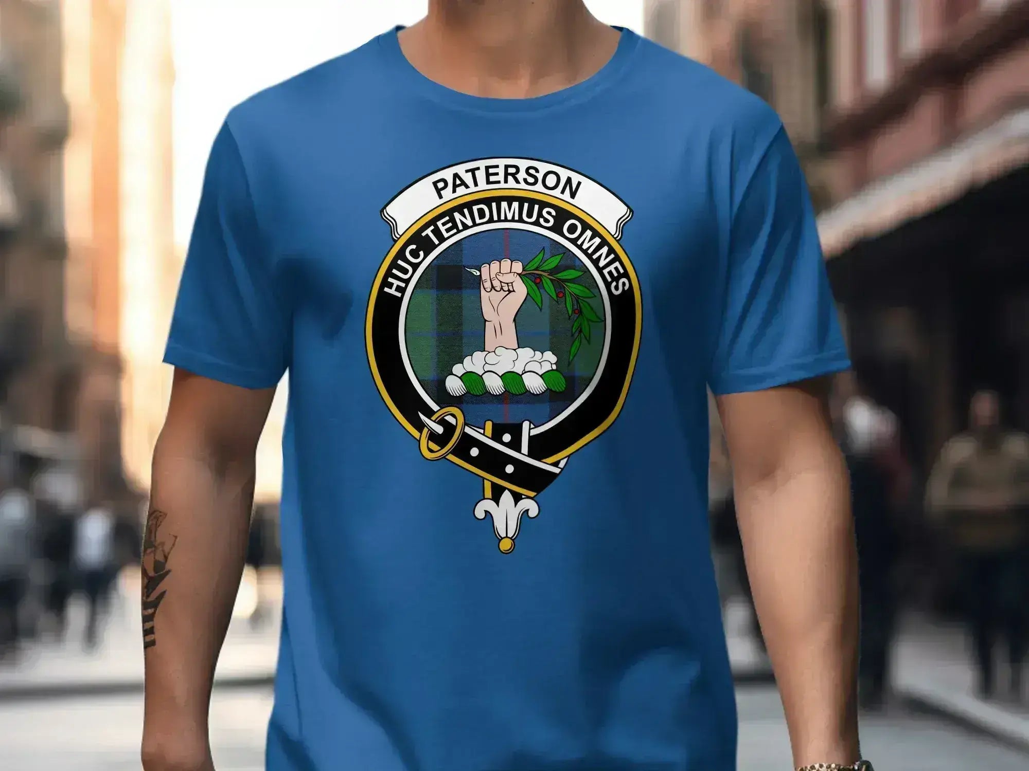 Clan Paterson crest T-shirt in forest green — Huc Tendimus Omnes on chest, S-3XL
