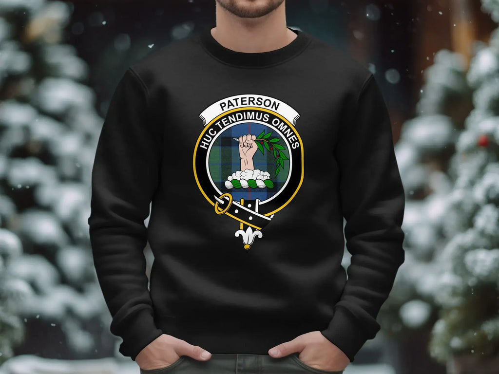 Paterson tartan crest sweatshirt in navy — Huc Tendimus Omnes motto, ribbed cuffs, S-3XL