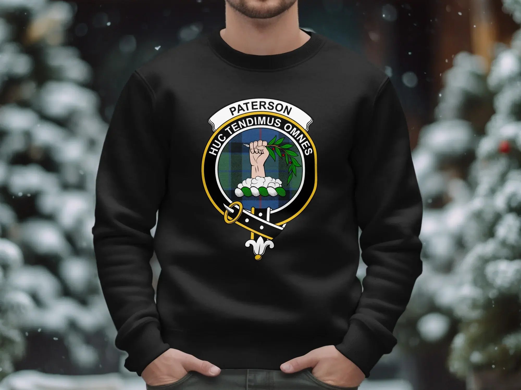 Paterson tartan crest sweatshirt in navy — Huc Tendimus Omnes motto, ribbed cuffs, S-3XL