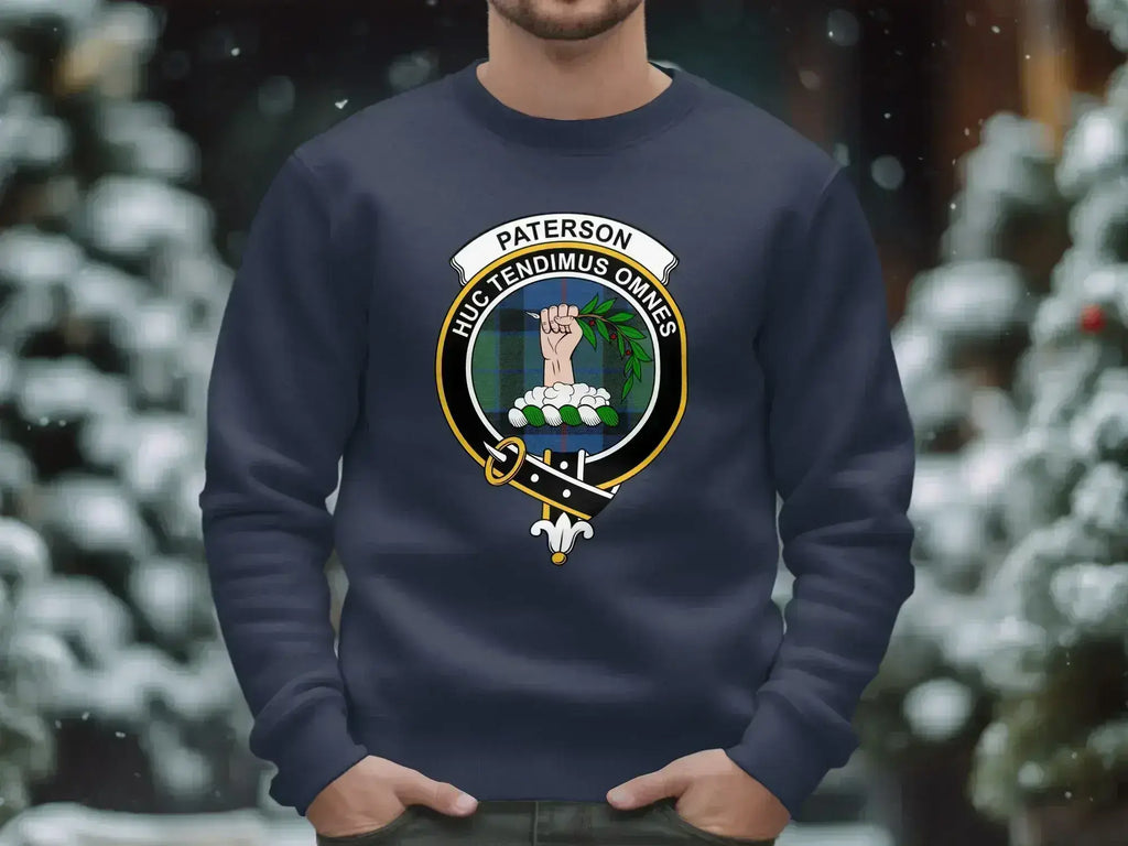 Paterson family crest crewneck in royal blue — warm fleece interior, relaxed fit