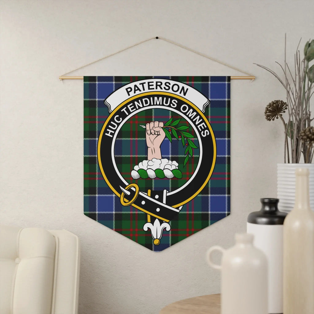 Clan Paterson tartan crest pennant — 18" x 21" polyester twill with wooden dowel, Huc Tendimus Omnes design