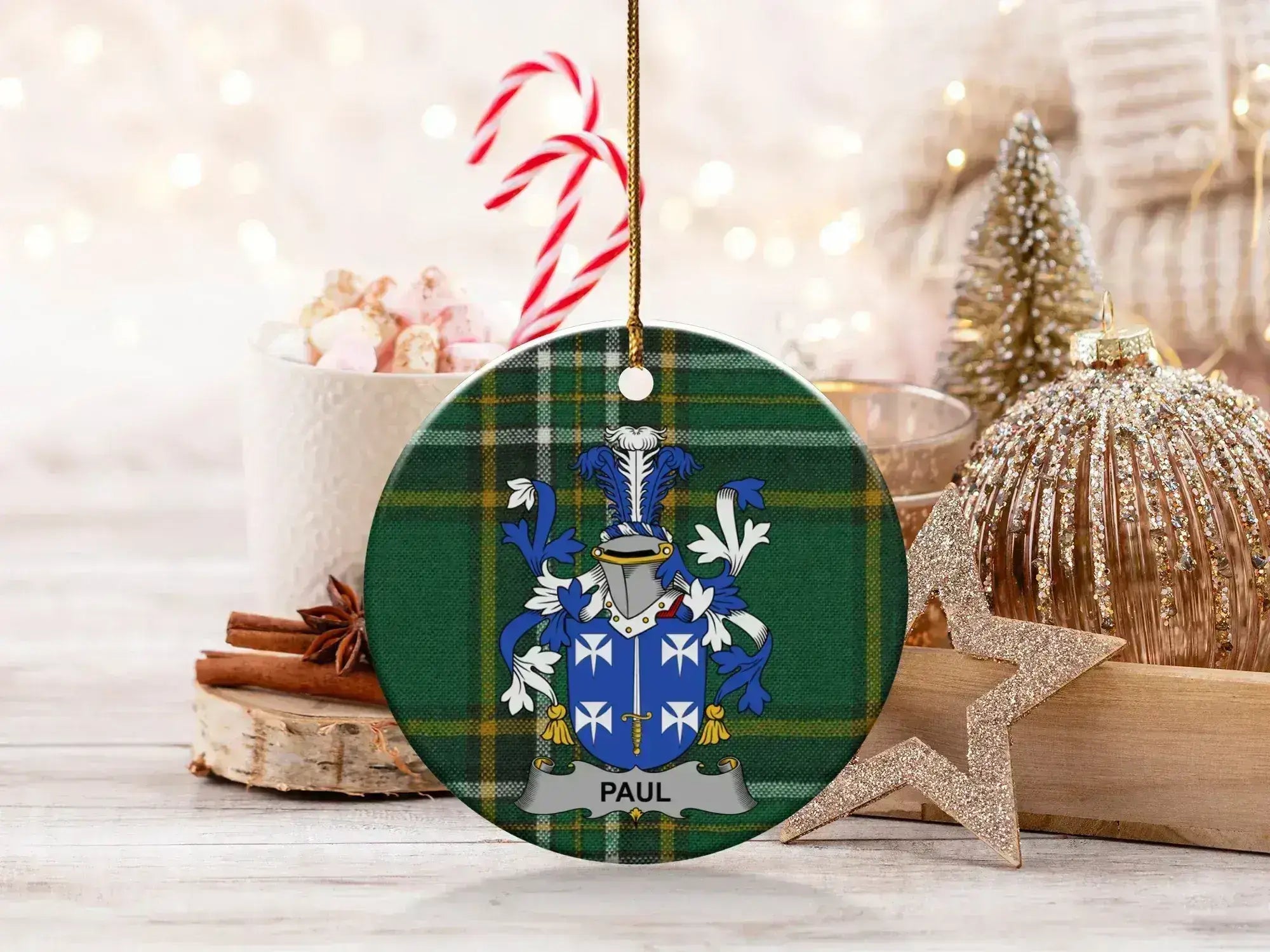 Personalized Green Plaid Family Crest Paul Ornament