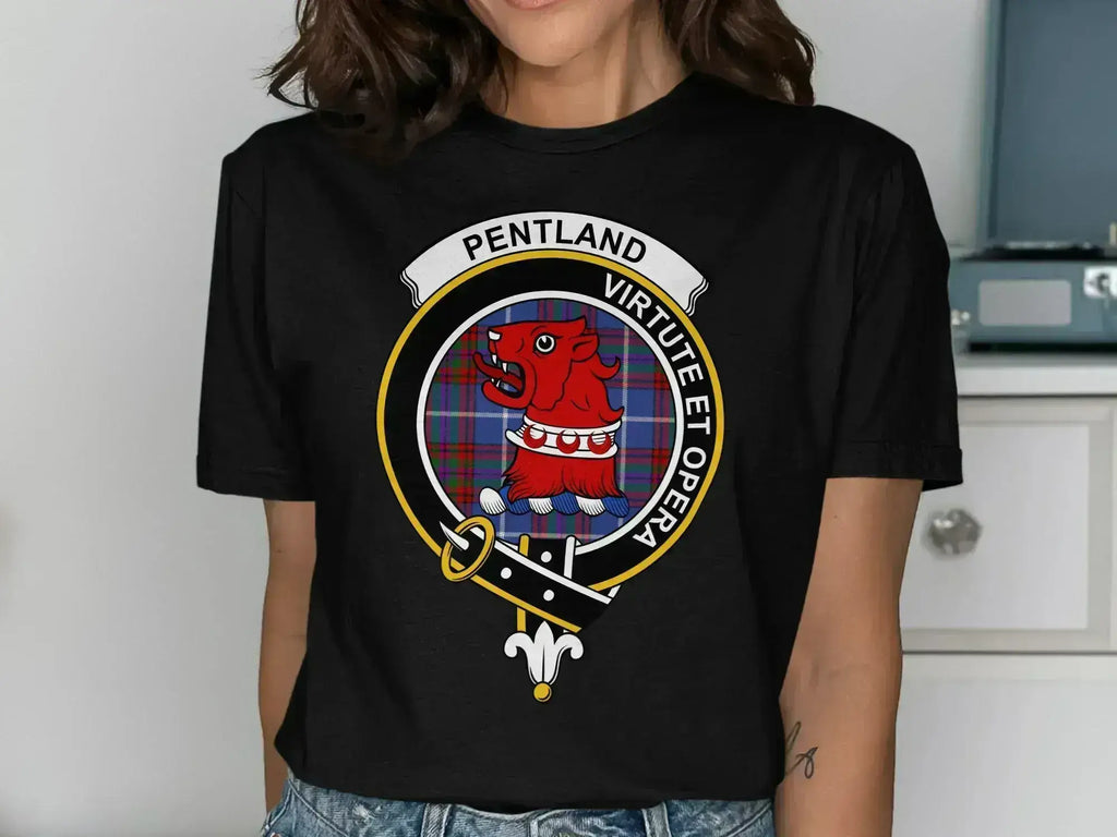 Pentland clan crest T-shirt with Virtute et Opera motto and tartan design