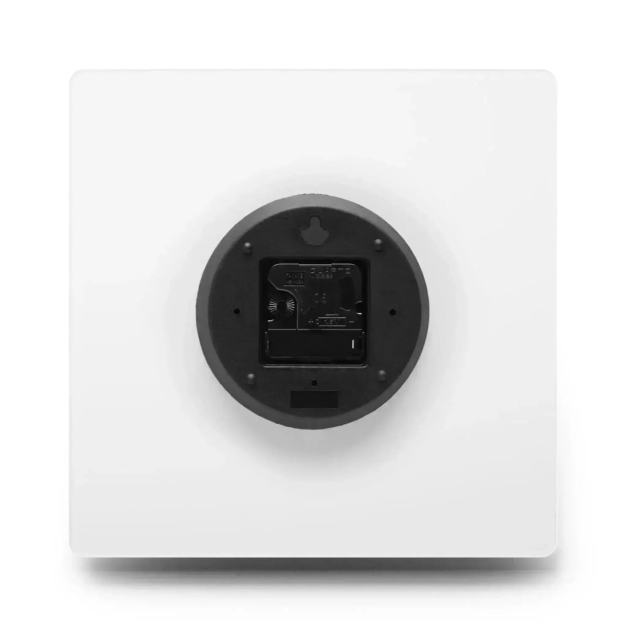 Back view of square personalized Scottish clan acrylic wall clock with black round mechanism