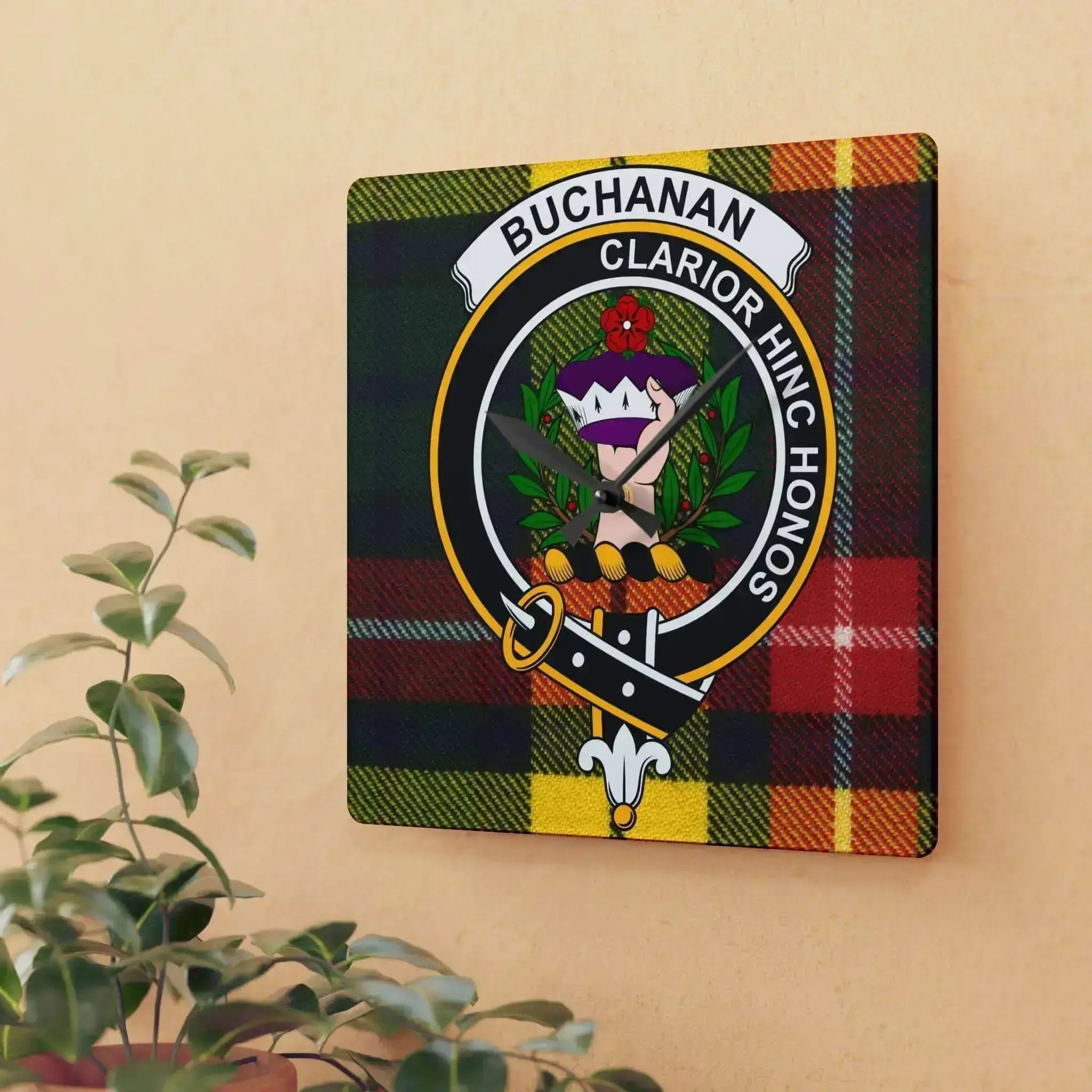 Square acrylic wall clock with Buchanan clan crest and colorful tartan background