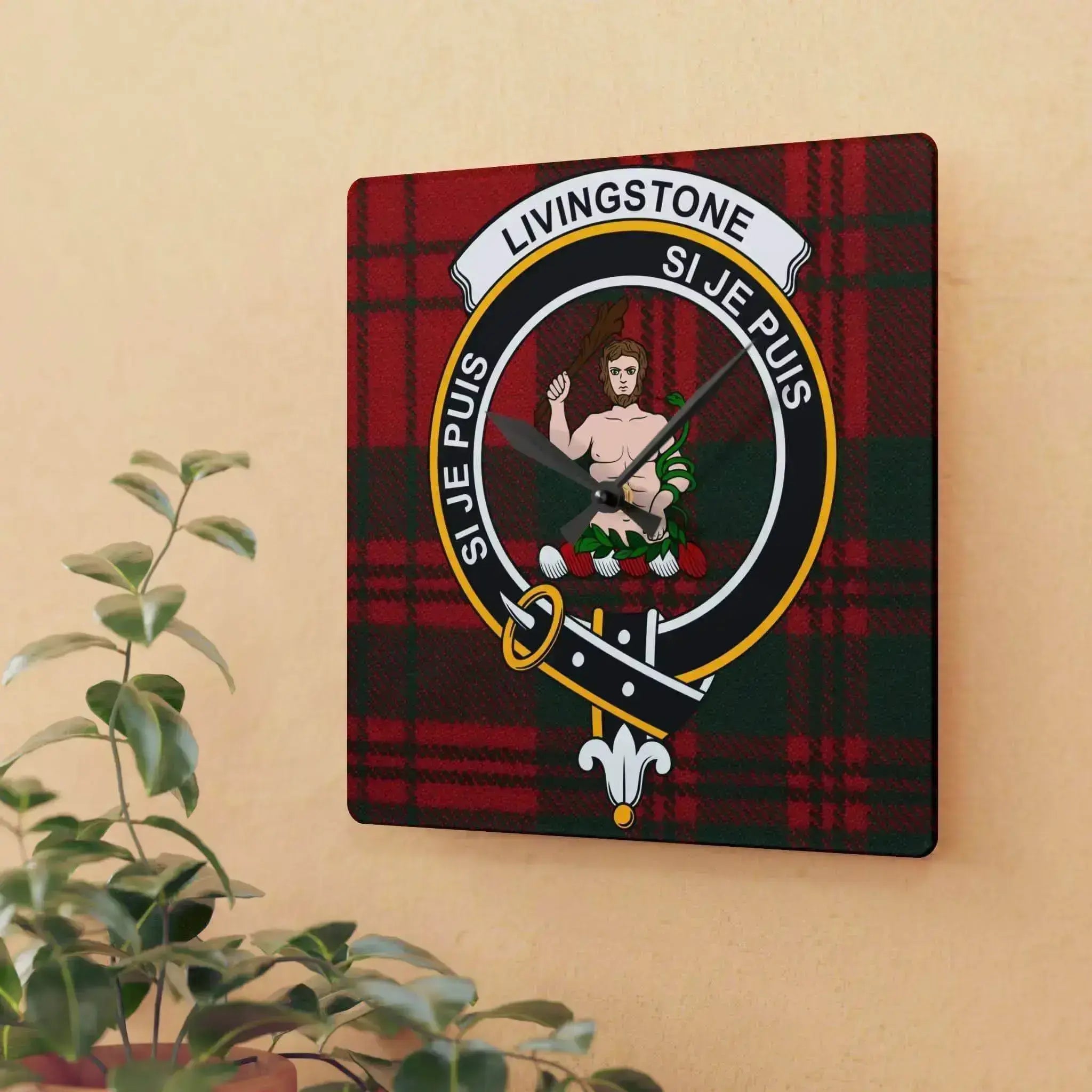 Square acrylic wall clock with Livingstone Scottish clan crest on red tartan background
