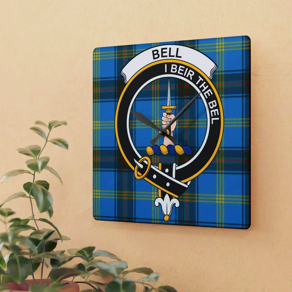 Square acrylic wall clock with Bell Scottish clan crest and blue tartan background