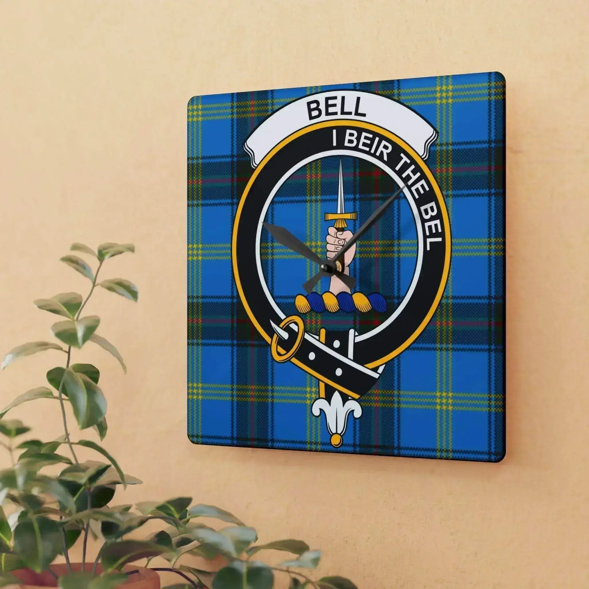 Square acrylic wall clock with Bell Scottish clan crest and blue tartan background