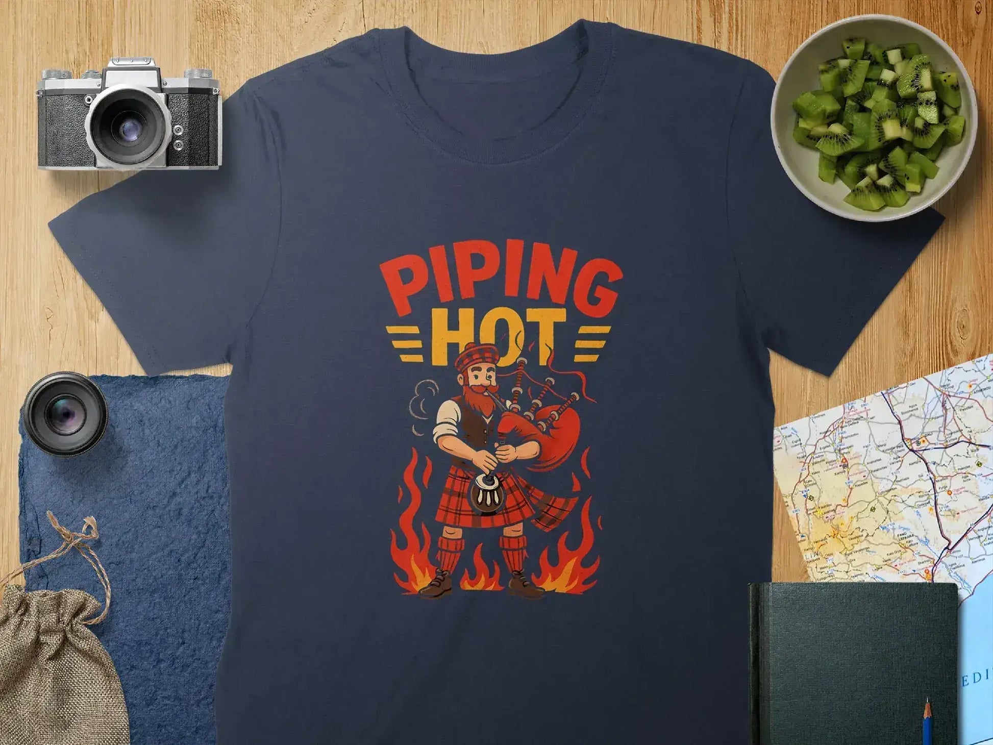Piping Hot Fiery Design Graphic on a Dark Blue Shirt product