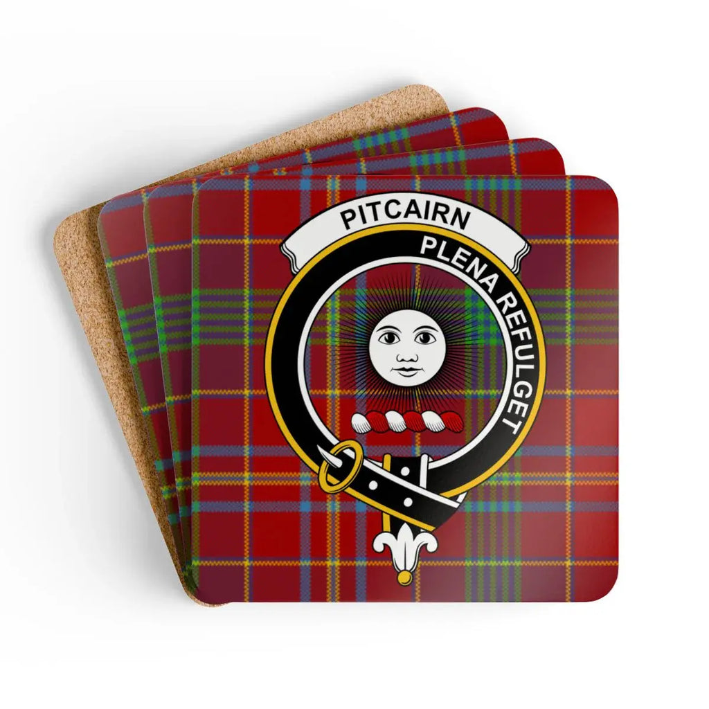 Clan Pitcairn crest tartan coaster — glossy printed square cork coaster, 3.75" x 3.75"