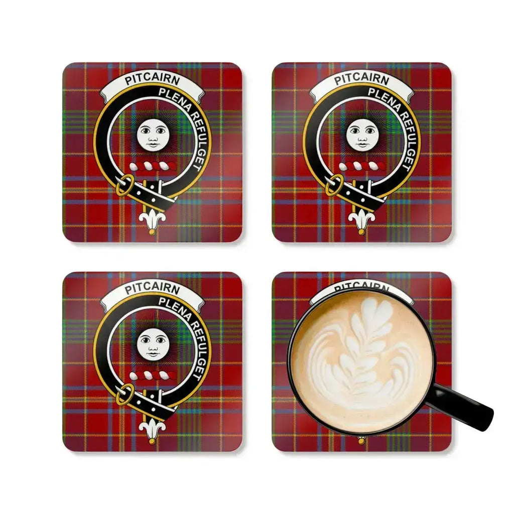 Pitcairn Plena Refulget tartan square coaster — full-colour print on natural cork base