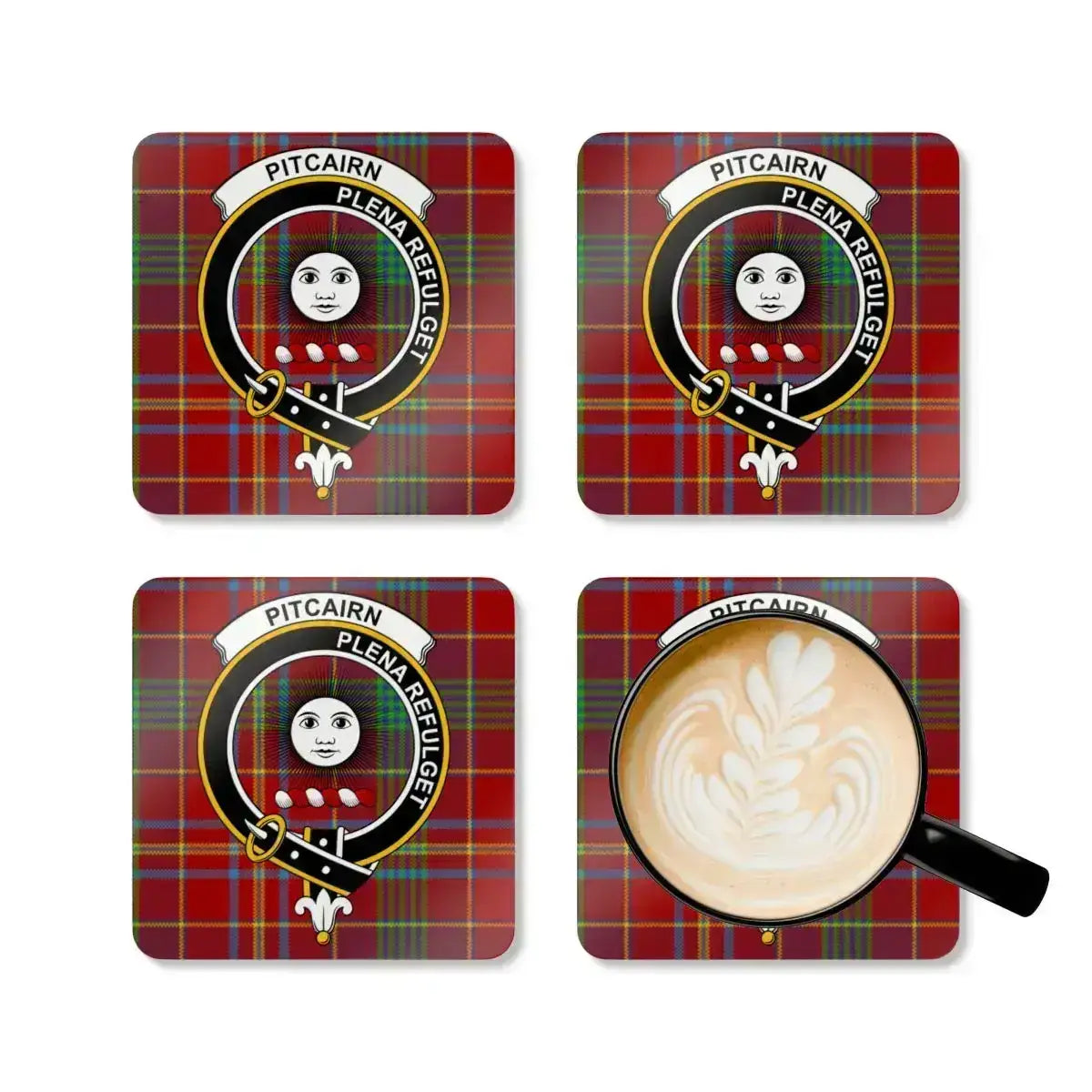 Pitcairn Plena Refulget tartan square coaster — full-colour print on natural cork base