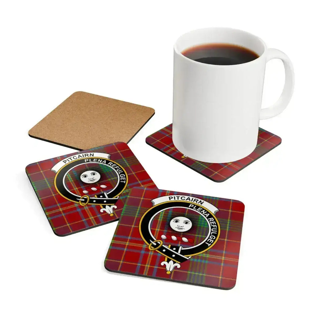 Pitcairn Plena Refulget clan crest coaster set — set of 4, glossy print, cork backed